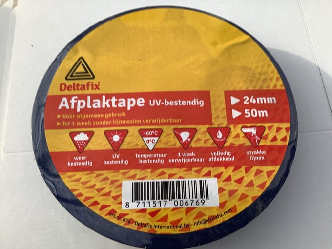 Afplaktape uv- bestendig. Blauw. 24mm breed. 50Mtr. Lang 1 stuks. Deltafix.