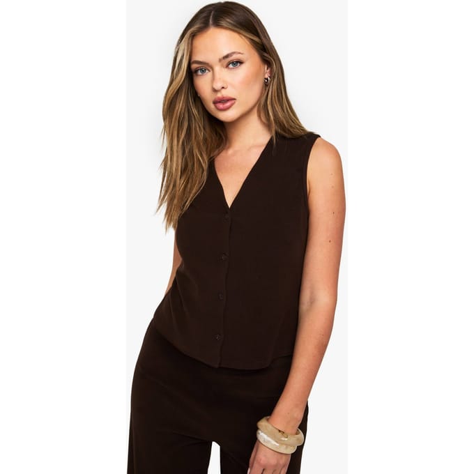 boohoo Dames Geborsteld Micro Rib V-hals met knoopdoorloop gilet | Chocolate | Maat: 8
