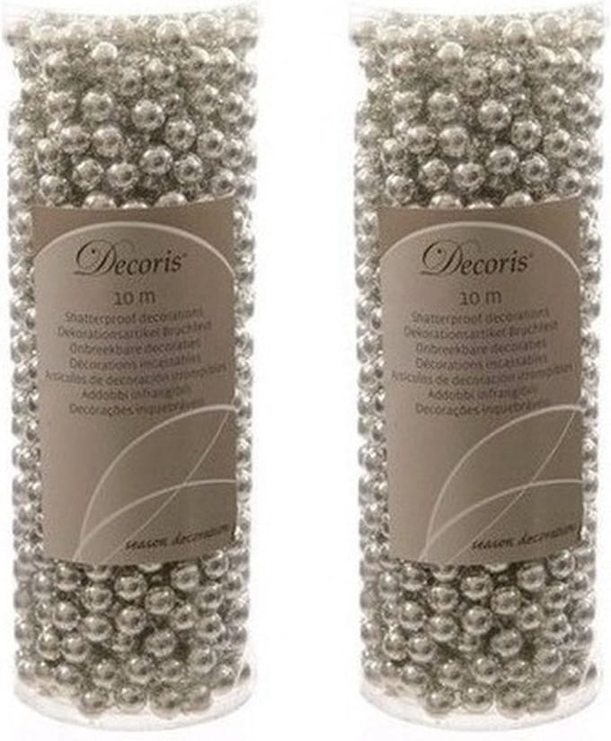Decoris Kralenslinger - 2x - zilver - 10 meter - kunststof - glans - kerstslinger - kerstversiering