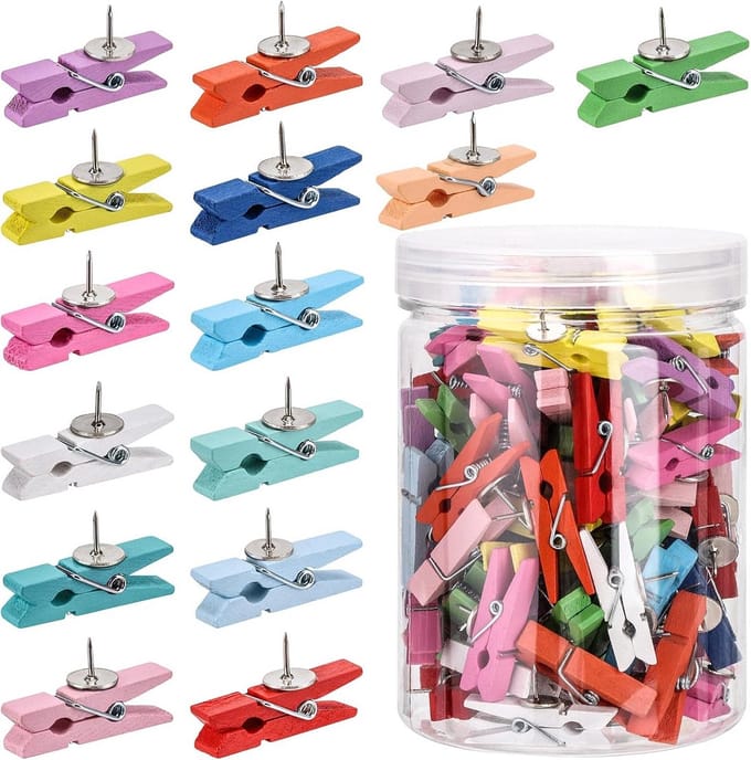 Houten Clips - Decoratieve Pinnen - Foto's Ophangen - Combinatie Clip en Pin - 100 Stuks - Veelkleurig