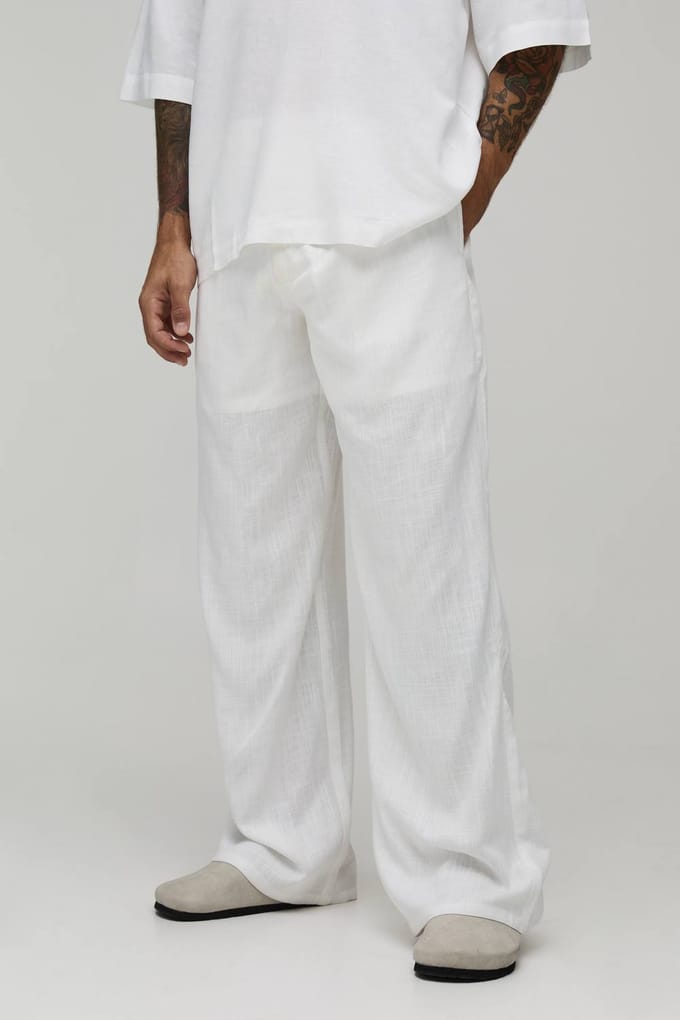 Wide Leg Half & Half Waist Linen Blend Co-Ord Trouser | White | Size XL