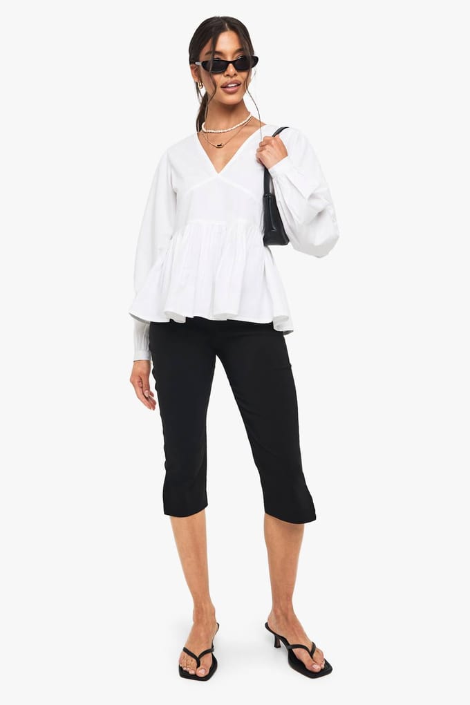 boohoo Dames Katoenen poplin smocktop met blousonmouwen | Wit | Maat: 40