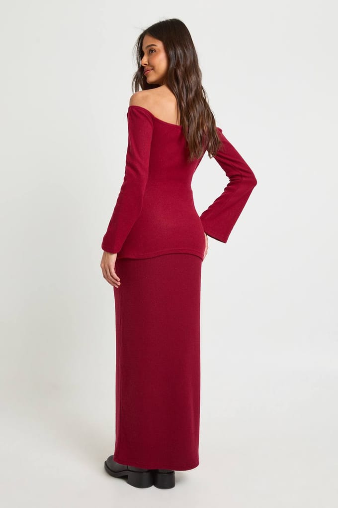 boohoo Dames Geborstelde rib maxirok | Wine | Maat: 6