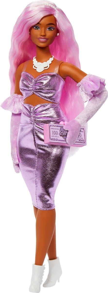 Barbie Deluxe Stijl - Glanzende midi-jurk met ruches - Barbiepop