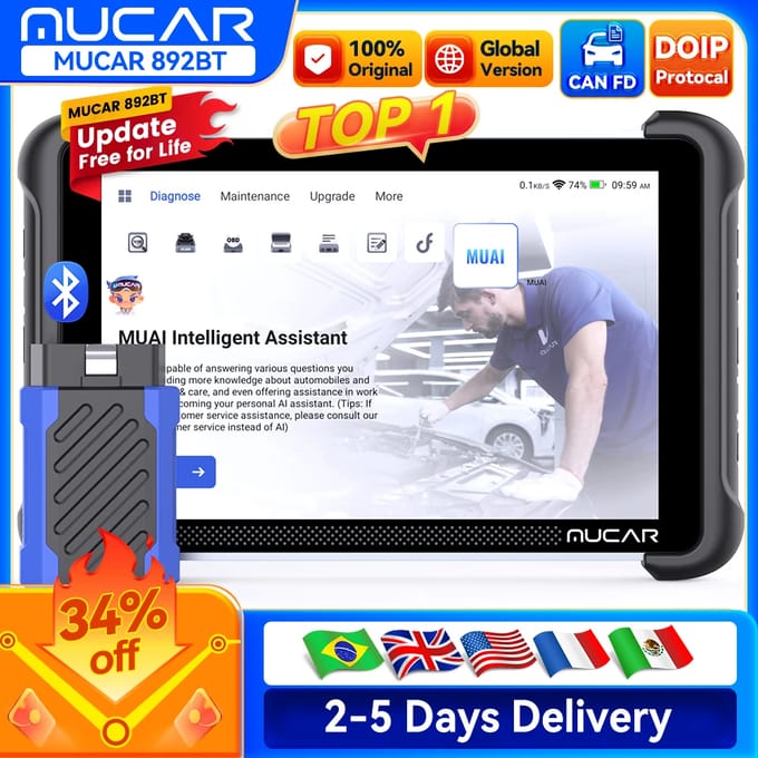 MUCAR 892BT Professionele OBD2-Diagnosetool met Lifetime Gratis Updates, ECU-Coding, Bidirectionele Tests, CAN-FD & DoIP, AI-Diagnose, 8" Touchscreen