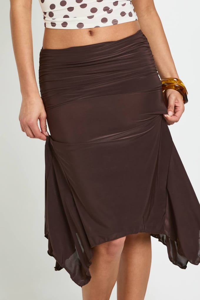 boohoo Dames Midi Rok Met Puntige Zoom | Chocoladebruin | Maat: 42