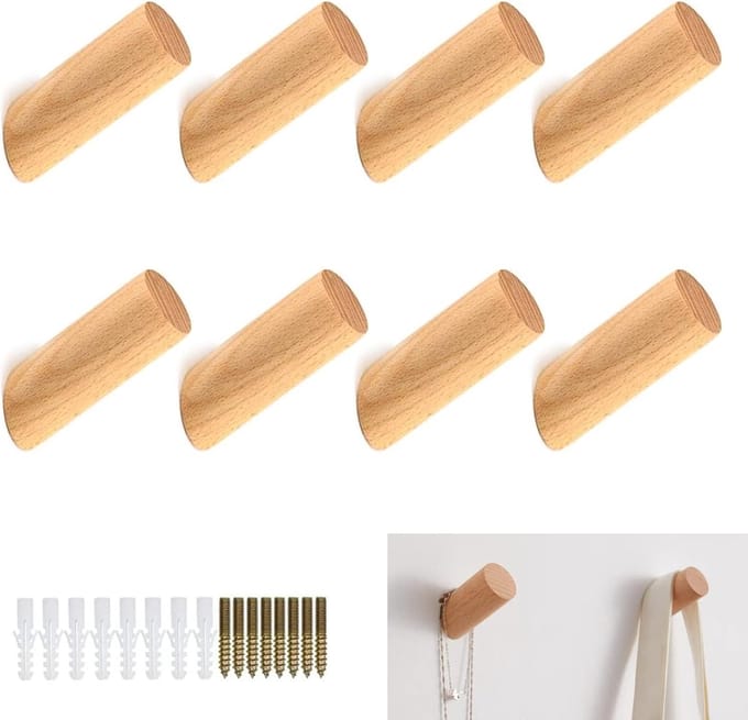 Houten Wandhaken - 8 Stuks - Voor Kleding en Accessoires - 8cm