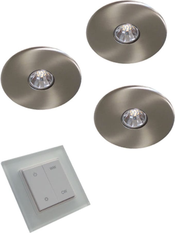 Super Light Emotion Led set van 3 spots met dimmer inbouw 12V/15W RVS look