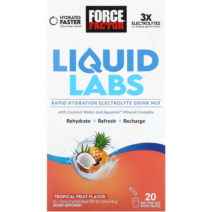 Liquid Labs, Hydratation Rapide, Mélange pour Boisson Électrolytique, Fruit Tropical, 20 Sachets, 7G (0,25 oz) Chaque