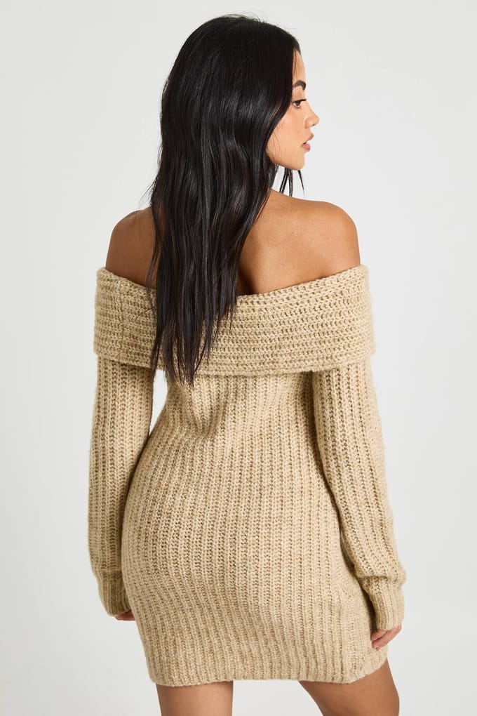 boohoo Dames Chunky Gebreide Bardot Mini Jurk | Cream | Maat: Small