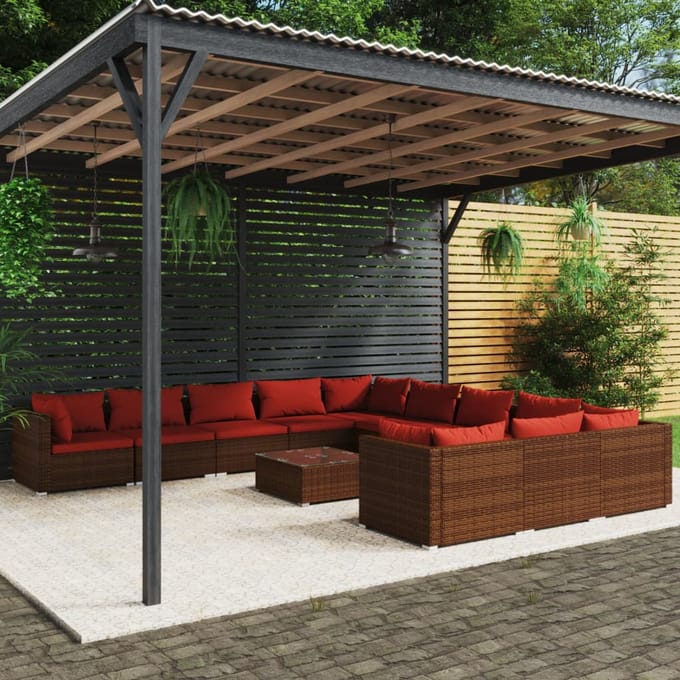 vidaXL - 12-delige - Loungeset - met - kussens - poly - rattan - bruin