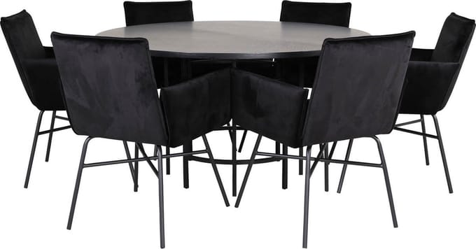 Copenhagen eethoek eetkamertafel bruin en 6 Pippi eetkamerstal velours zwart.