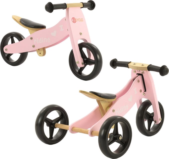 2Cycle 2 in 1 Loopfiets/Driewieler - Hout - Jongens en Meisjes - 1 Jaar - Speelgoed - Roze