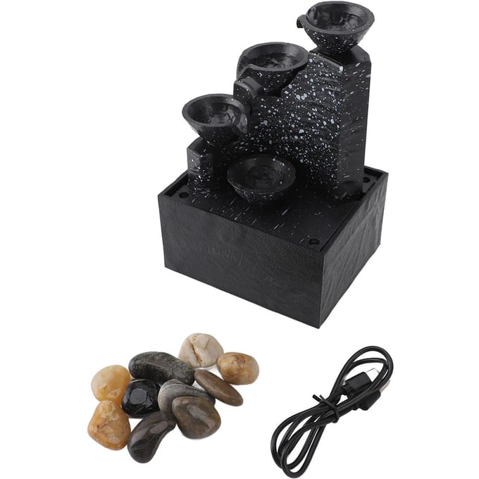 Tafelbladfontein Circulerend Water Decoratief USB Bureau Watervalfontein met LED Licht Stenen black