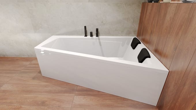 Badland INTIMA hoekbad 170 x 125 cm rechts wit met bamboe badplank zonder zijpaneel