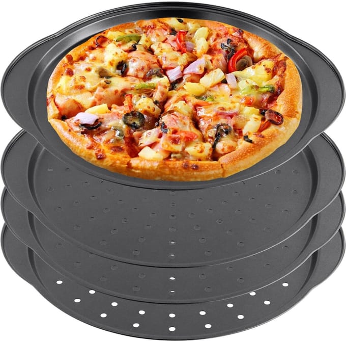 NTH products- Pizzaplaat rond 32 cm - Geperforeerde pizzavorm - Koolstofstaal - Hoge temperatuurbestendigheid - 4 stuks - Donkergrijs - Pizzapan