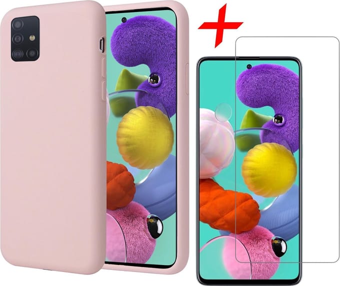 Hoesje geschikt voor Samsung A51 en Screenprotector - Liquid Siliconen Case Roze + Screenprotector