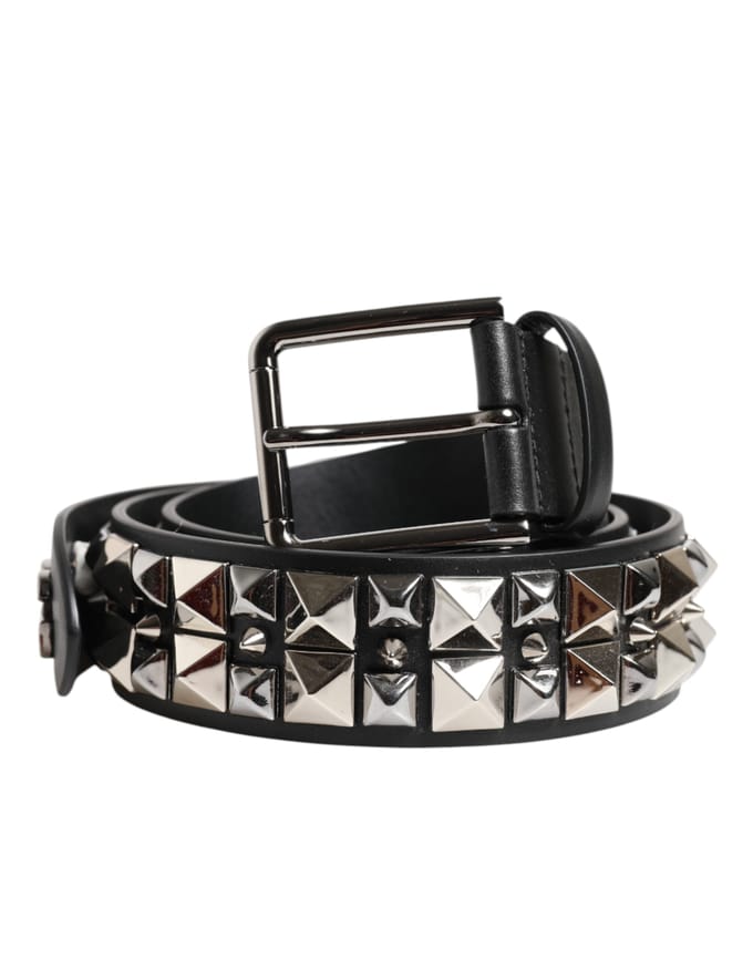 Dolce & Gabbana Zwarte Kalfsleren Riem met Studs en Zilveren Gesp