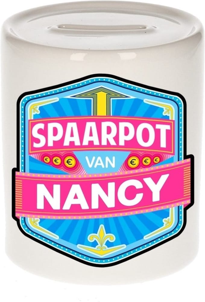 Bellatio Decorations Kinder spaarpot met naam - Nancy - keramiek - met dop - wit - Sparen - Spaargeld van Nancy