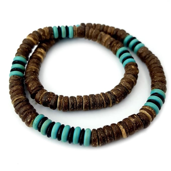 NO EVIL ® kralenketting kokos bruin en turquoise
