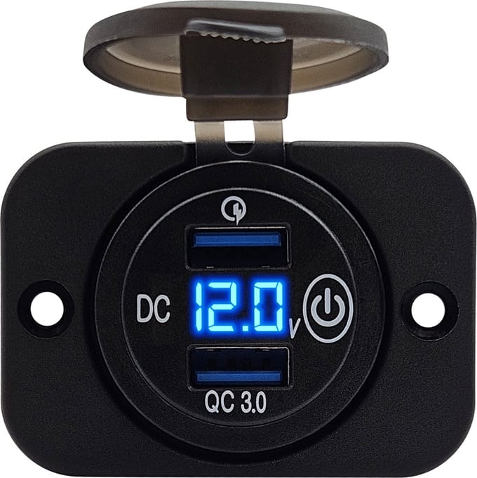 ProRide 12V USB Stopcontact 2 Poorten Inbouw met Schakelaar en Voltmeter - QC3.0 - USB Autolader, Boot en Camper - Complete set - Blauw