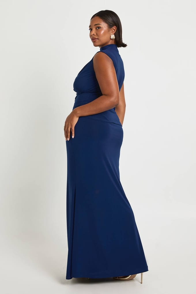 boohoo Dames Plus cowl-neck top met sjaaldetail en column maxi-rok | Navy | Maat: 20