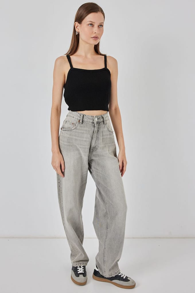 Vierkante Kraag Geribbelde Gebreide Crop Top