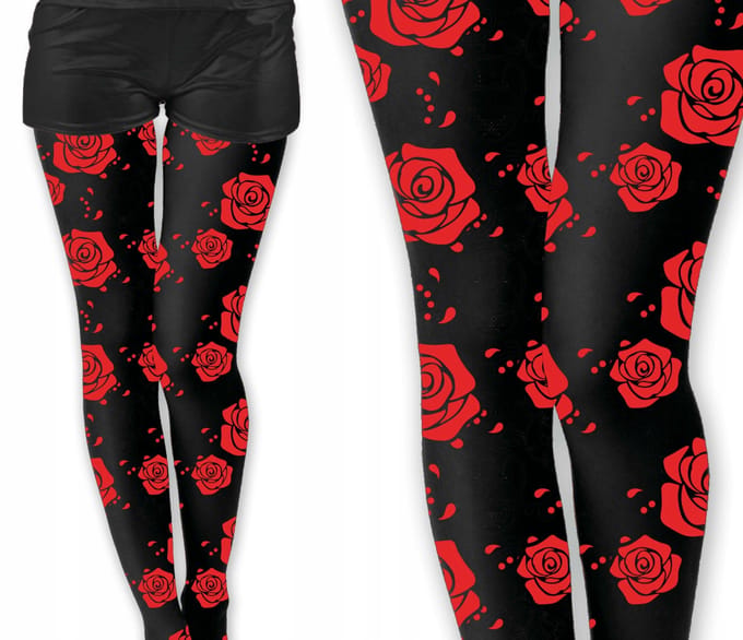 Collants pour femmes noirs avec roses rouges Halloween Carnaval Déguisement black