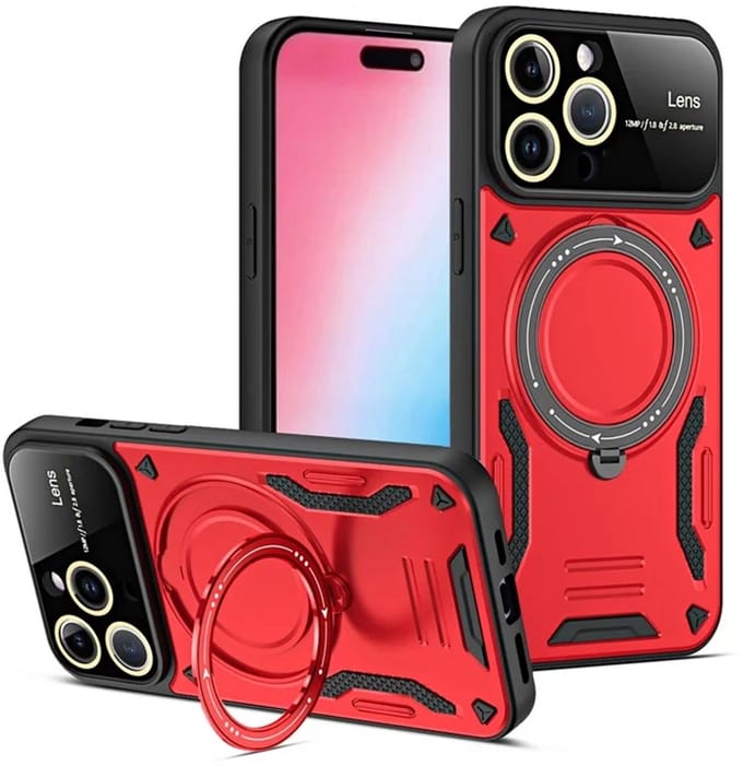 Cityhoesje - iPhone 15 Pro - Magnetic - Ring Holder Kickstand - Protective - Backcase - Rood