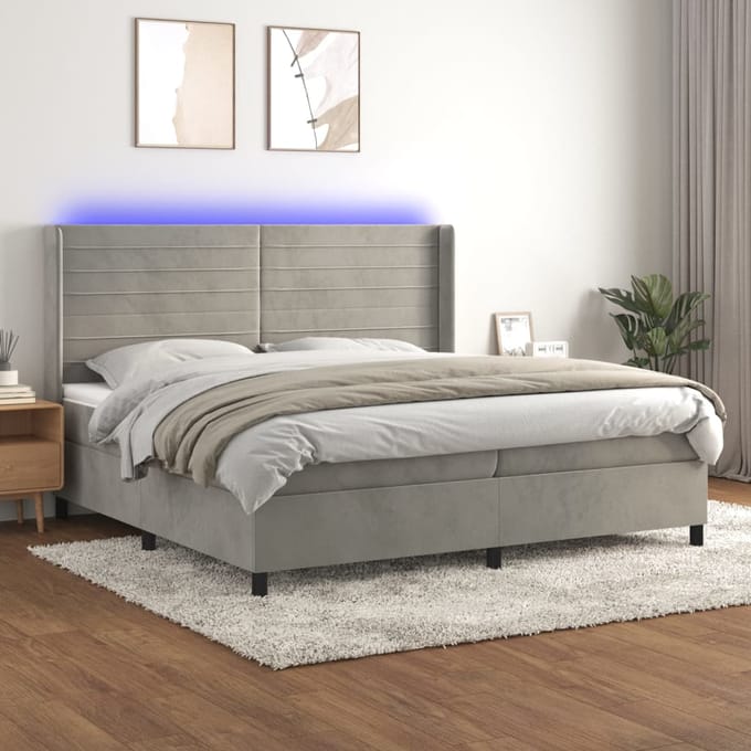 vidaXL - Boxspring - met - matras - en - LED - fluweel - lichtgrijs - 200x200 - cm