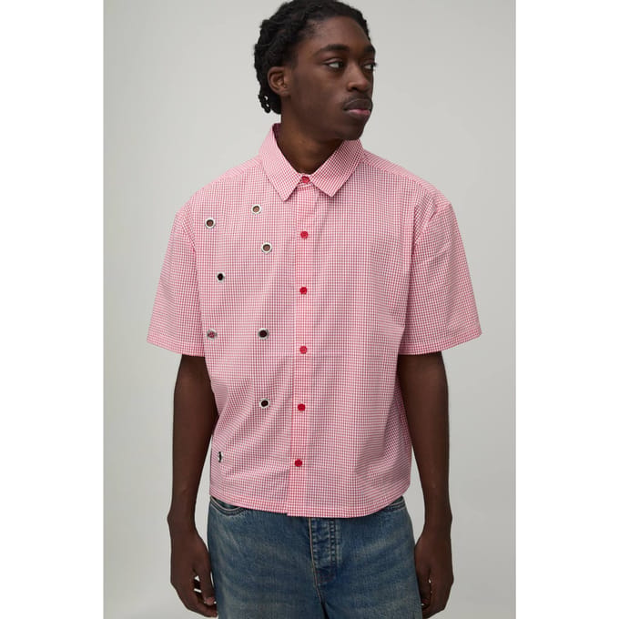 Oversized Boxy Shirt Met Oogjesdetail En Micro Ruitpatroon | Red | Size Medium