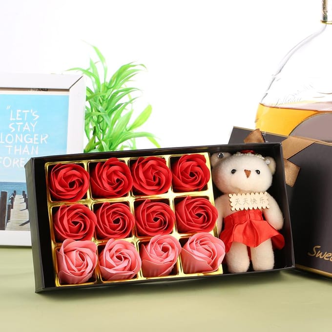 12 Rozen Bloem Zeep Bloem Pluche Beer Valentijnsdag Romantisch Cadeau Met Doos (Rood) red