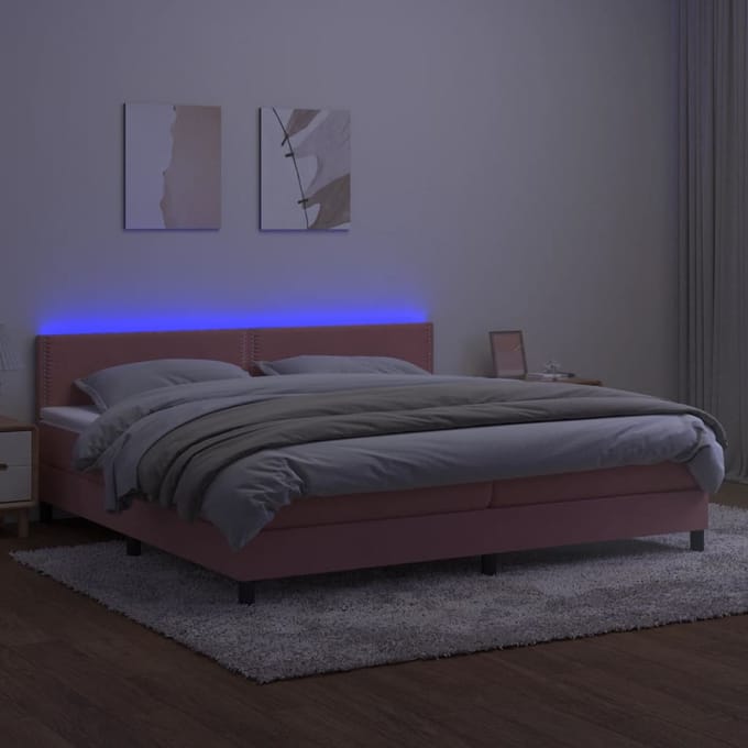 vidaXL - Boxspring - met - matras - en - LED - fluweel - roze - 200x200 - cm