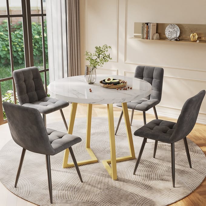 Eettafelset - Ø80 cm - Rond Tafel Set + 4 Stoelen - Samt Stoelen - MDF Blad - Wit/Goud