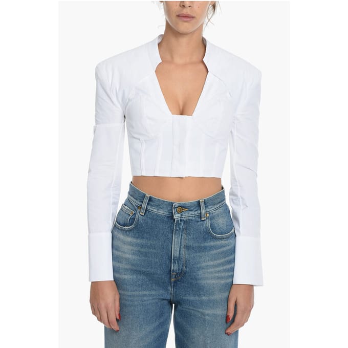 Popeline katoenen crop top met lange mouwen in wit