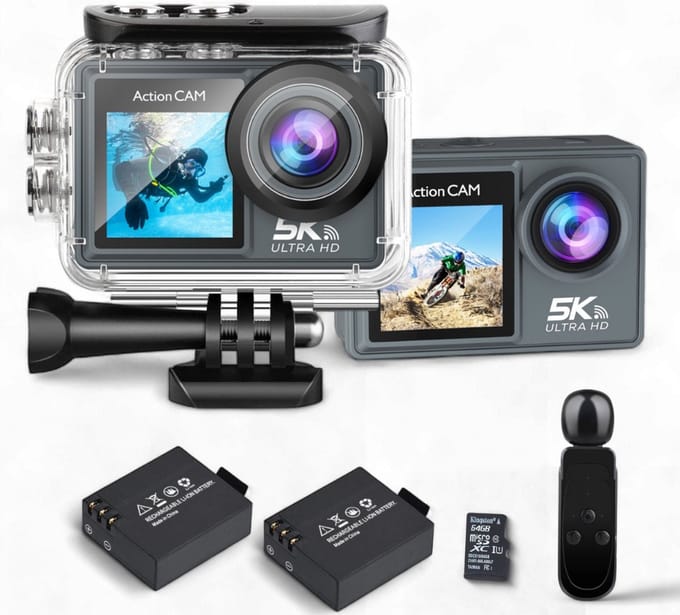Finn B. 5K Action Camera | Vlog camera | Onderwater camera | 64GB Micro SD-kaart | UHD | 60FPS | 50MP | Draadloze Microfoon