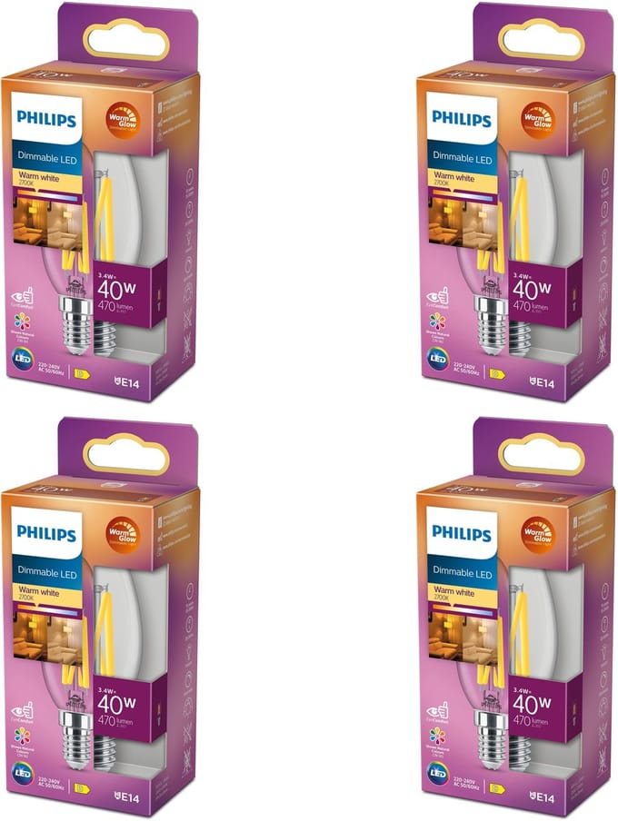 Philips Voordeelverpakking - E14 - LED Kaarslamp - Helder - 40W - Dimbaar - Warmwit Licht - Set van 4 Stuks