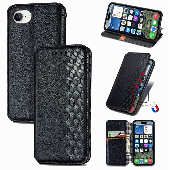 Luxe PU Lederen Ruitpatroon Wallet Case + Screenprotector voor iPhone 17e / 16e _ Zwart