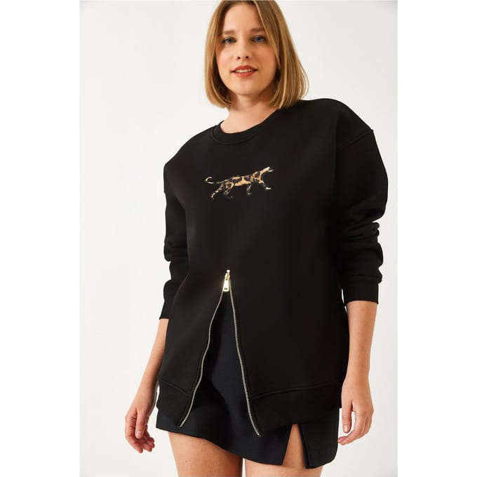 Geborduurd Sweatshirt met Rits en Ronde Hals