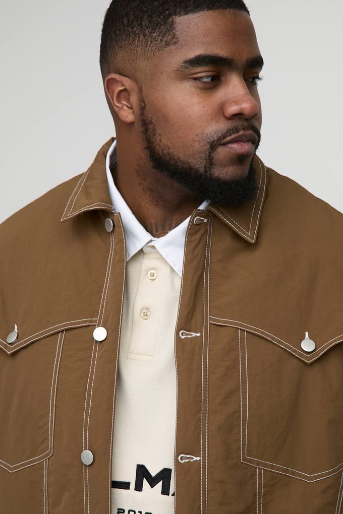 Plus Contrast Stitch Padded Boxy Western Jacket | Tobacco | Size 2XL