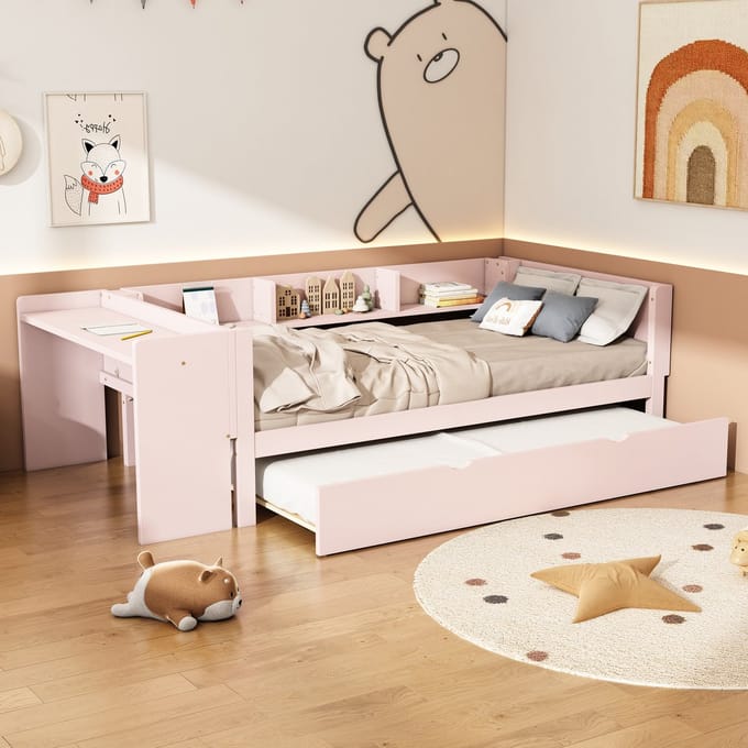 Bed 90x200 cm - Met Uitschuifbed En Bureau - Drie Zijplanken - Hout - Roze