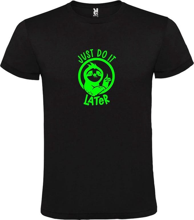 Zwart T shirt met print van " Just Do It Later " print Neon Groen size M
