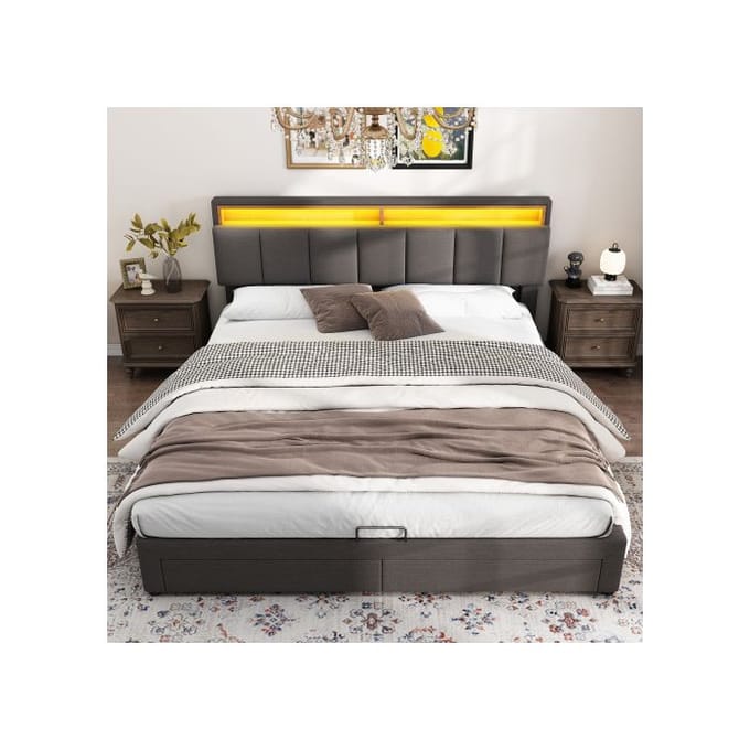 Lit rembourré avec éclairage LED, lit double avec cadre en acier, lin, 160*200 cm, gris