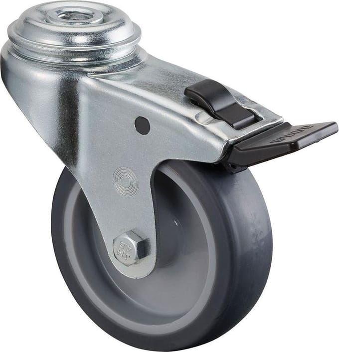 Zwenkwiel+rem 75mm rubber totale hoogte 100mm