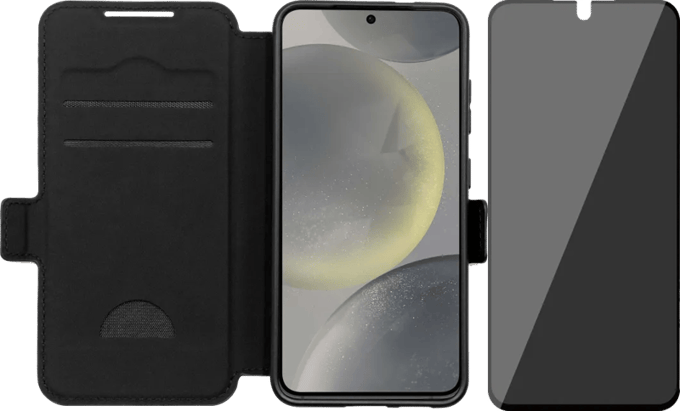 BlueBuilt Samsung Galaxy S25 Book Case Leer Zwart + BlueBuilt Privacy Screenprotector Glas