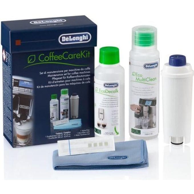 De'Longhi Koffieonderhoudsset voor Koffiemachines - Bevat Waterfilter, Ontkalker, Reiniger, Doek en Teststrip