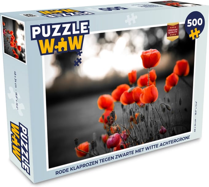 Puzzel Rode Klaprozen tegen zwarte met witte achtergrond - Legpuzzel - Puzzel 500 stukjes