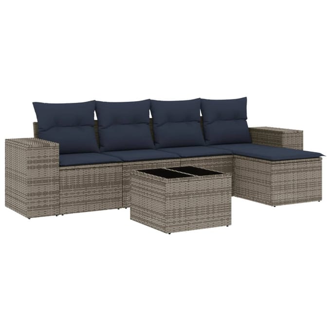 vidaXL - 6-delige - tuinbankset - met - kussens, - grijs - polyrotan