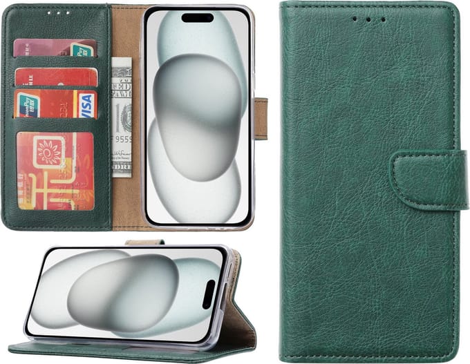 Hoesje geschikt voor iPhone 15 - Bookcase - Pasjeshouder - Kunstleer - Groen