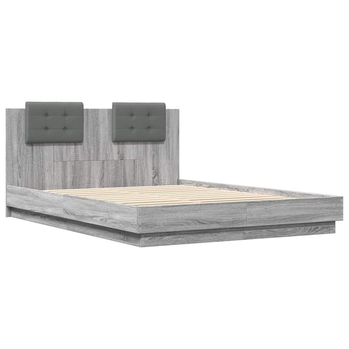 vidaXL - Bedframe - met - hoofdbord - en - LED - grijs - sonoma - eiken - 150x200 - cm